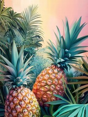 Fototapeta premium Pineapples thriving amidst lush palm trees and vibrant tropical foliage in a colorful setting. Generative AI
