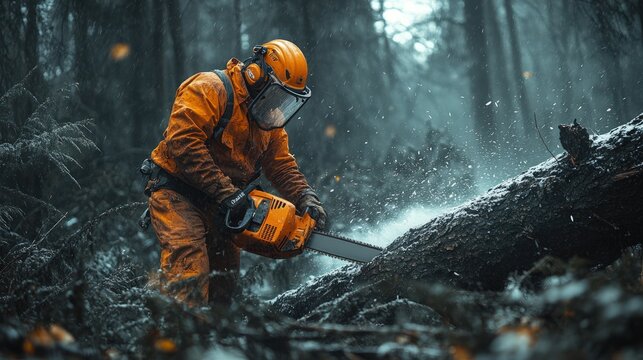 Lumberjack cutting tree in forest, safety gear, wood, action.
