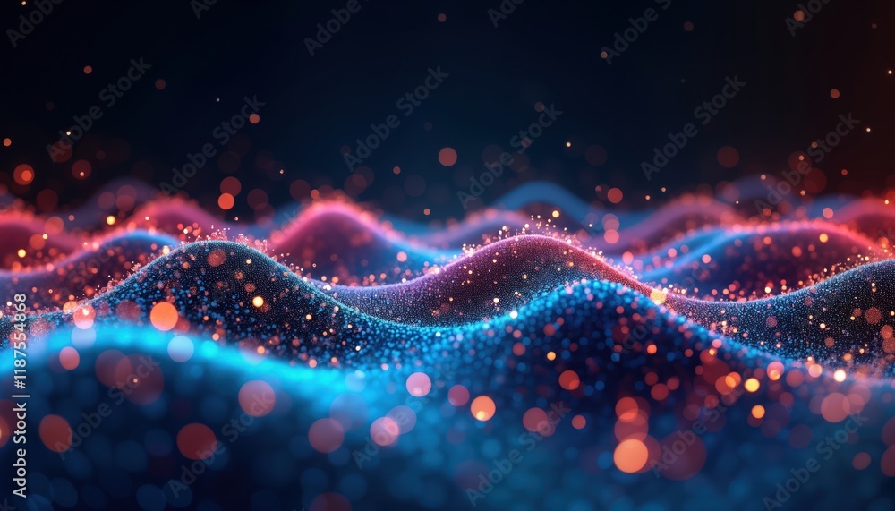 Aufkleber Abstract digital data background. Dynamic glowing particles create wavy patterns. Colorful glowing shapes suggest motion, connection. Ideal for tech concepts futuristic settings. Illustrates digital