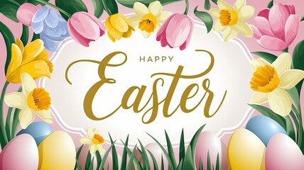 Happy Easter greeting card with colorful spring flowers and eggs