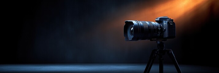 Professional digital film camera on tripod in chiaroscuro lighting with intricate lens details against dark blue concrete wall