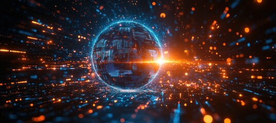 Digital Globe with Global Network Connections and Data Streams in Cyberpunk Style