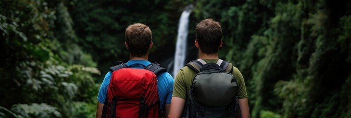 This image features two hikers standing together, overlooking a majestic waterfall, showcasing adventure, unity, and a deep connection with nature.