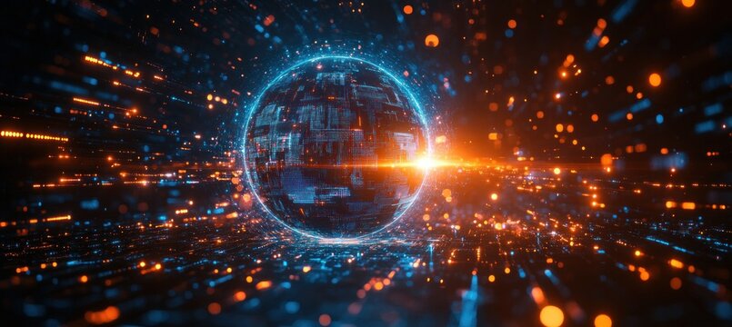 Digital Globe with Global Network Connections and Data Streams in Cyberpunk Style