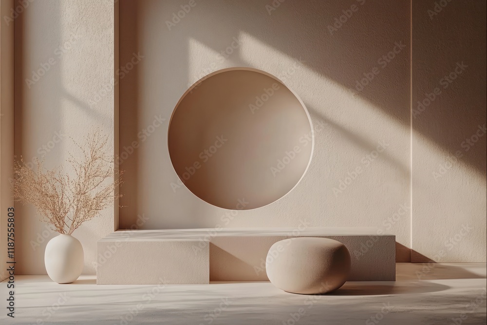 Poster minimalistic abstract scene with geometric shapes soft lighting in warm earthy colors for product br