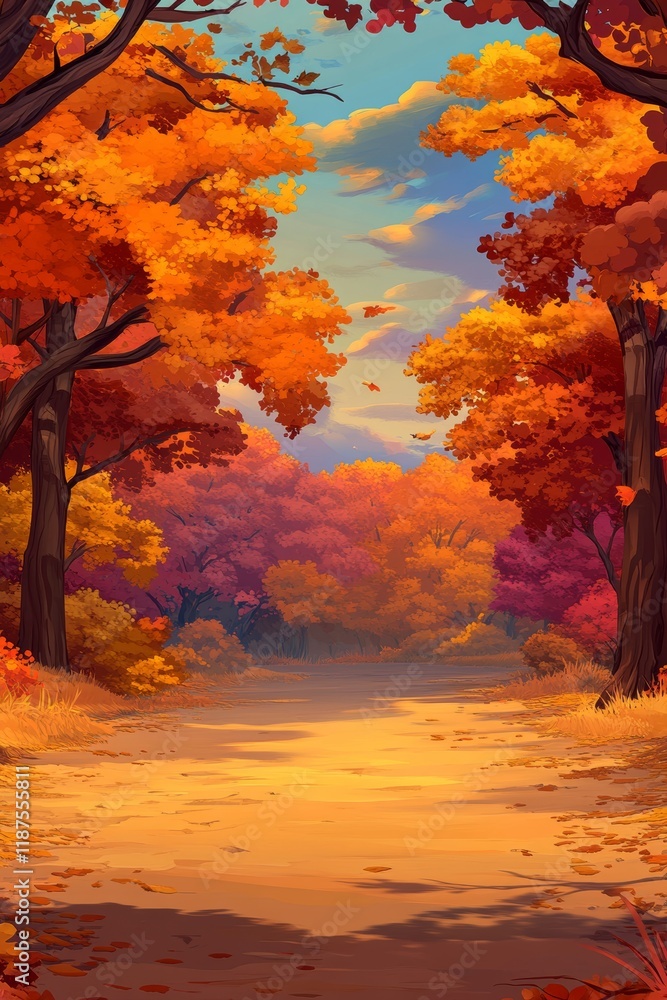 Poster colorful fall background featuring a pattern of autumn trees in the forest