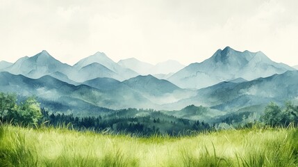 Obraz premium Watercolor Mountain Vista with Emerald Meadow and Hazy Blue Peaks in a Tranquil Scene perfect for calm and peaceful decor