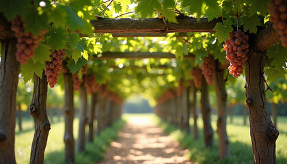 Fototapeta premium Grapes hanging on vine trellis in a sunlit vineyard