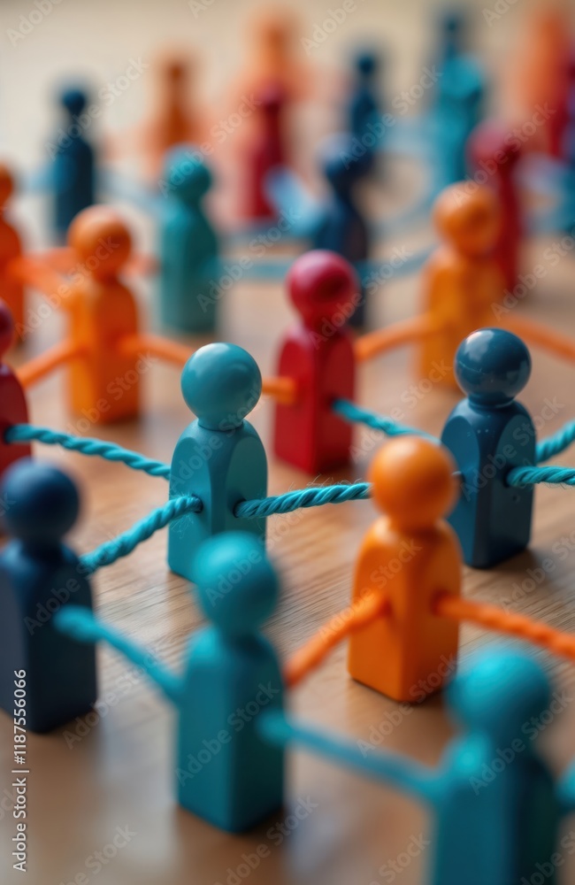 Aufkleber colorful wooden figures connected by strings form network of people. teamwork concept. social connec