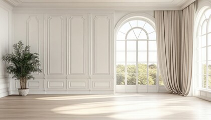 Minimalist Scandinavian interior with white walls polished wood floor and arched windows