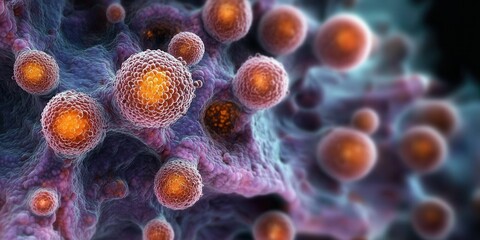 Molecular structure of cancer cells under microscope, realistic macro body panorama.