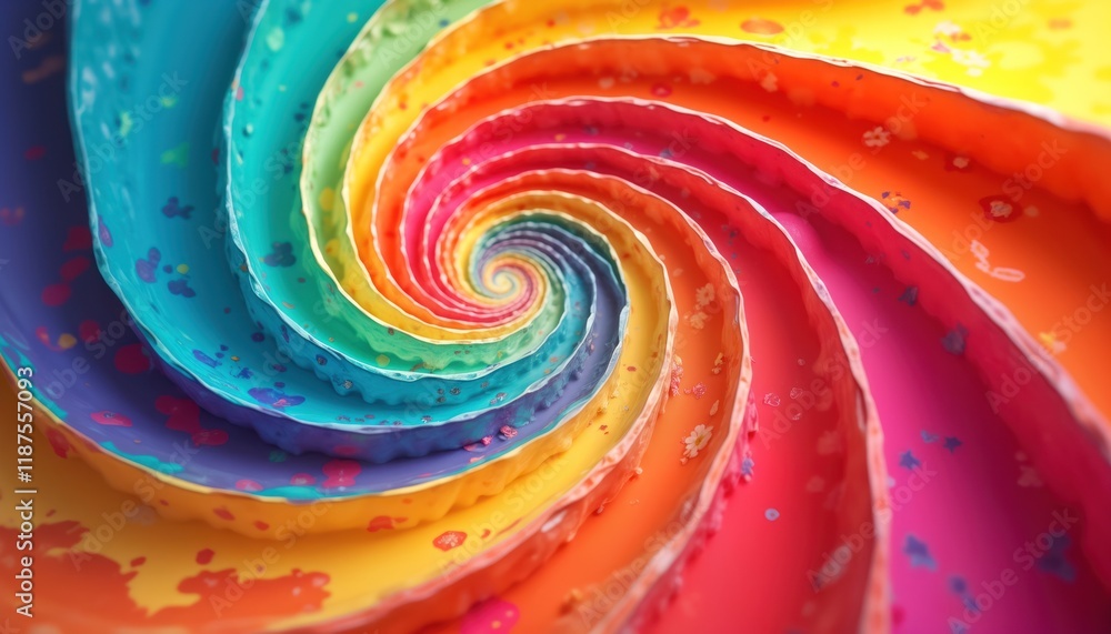 Poster Vibrant colorful swirl pattern creates dynamic abstract design. Rainbow colors spiral outward in retro style. Background perfect for summer festival themes. Suggests fun, artistic vibe. Unique style