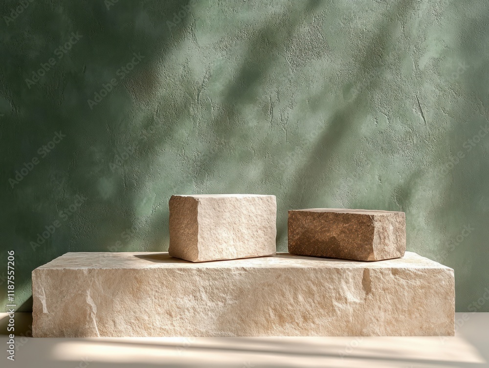Poster minimalistic still life composition with stone blocks on beige surface for product display and adver