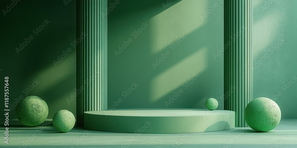 Poster green geometric shapes minimalist display for product presentation with ribbed column and round plat