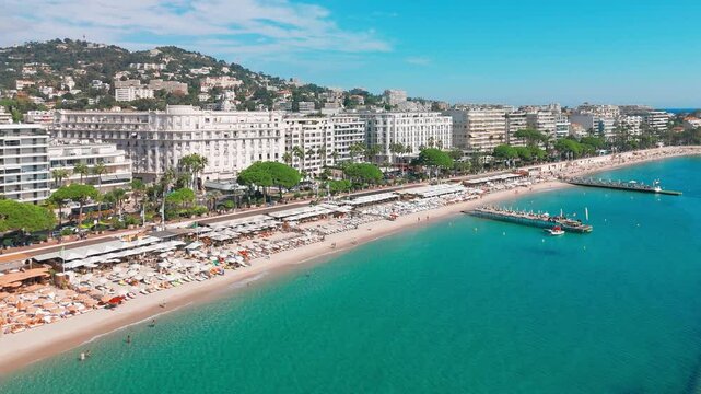 Aerial view of the beautiful beach in Cannes, Cote d'Azur, France