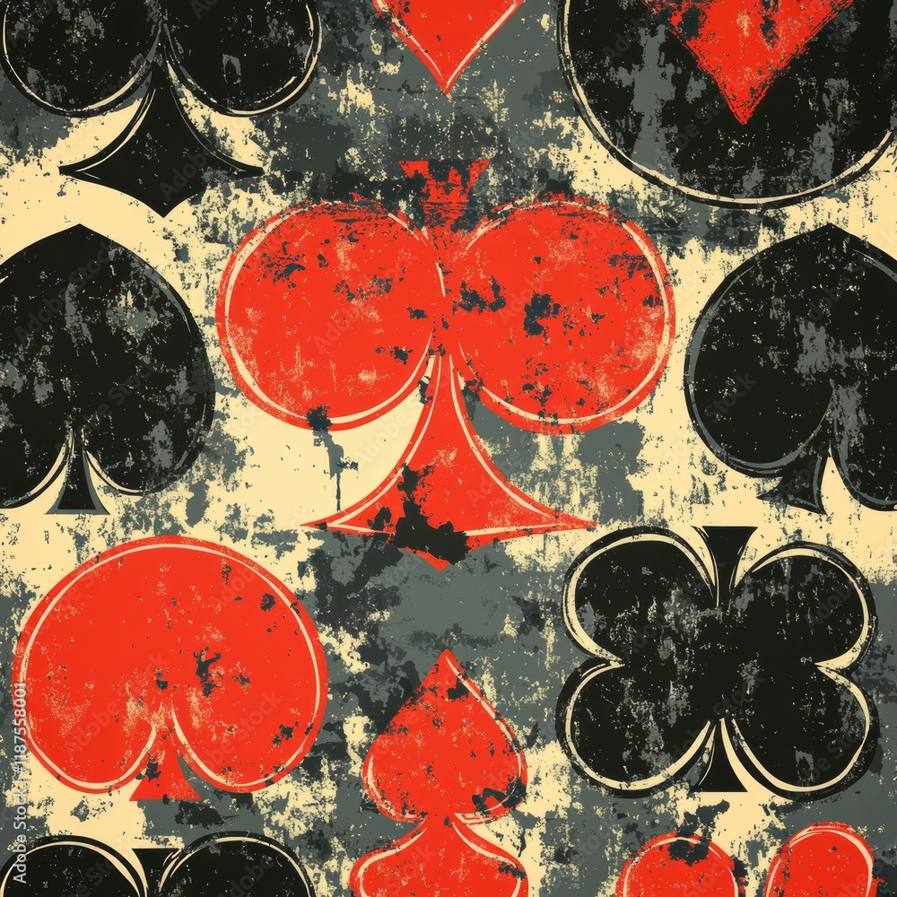Poster a design featuring grunge card symbols on a gray backdrop with an uninterrupted pattern