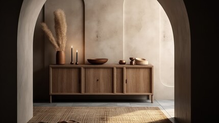 Minimalist Interior Scene with Wooden Cabinet and Decorative Elements