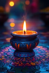 Diya Lamp on Vibrant Mandala Background for Diwali Celebration and Hindu Festivals