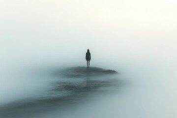 lonely man walking on the beach looking at the calm sea in a misty landscape with sand and waves
