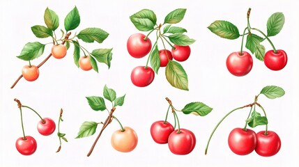 Fresh Cherry Collection Isolated on White Background for Design Use