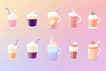 A vector illustration set of various coffee types: latte, cappuccino, espresso, macchiato, and iced coffee, each depicted in colorful flat design with clean lines and minimalist aesthetic.