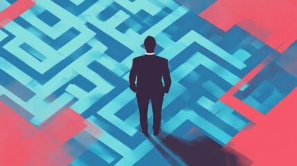 Businessman Facing Complex Labyrinthine Challenges