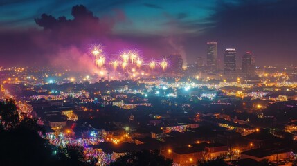 Obraz premium Mesmerizing cityscape illuminated by a vibrant fireworks display that lights up the night sky reflected in the serene waters of a lake or river