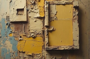 Naklejka premium Craft a bedroom wall or reception room decorated with an abstract linen tone wallpaper in beige, sepia, and cream, enhanced with vintage pattern fabric and a cardboard texture