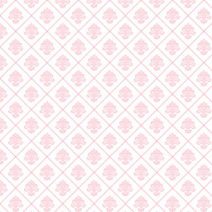 Light pink damask pattern with soft ornamental motifs arranged in diamonds. Ideal for elegant wallpaper, fabric, stationery, and feminine design projects.