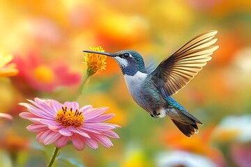 Fototapeta premium Hummingbird in Flight Feeding on Flowers
