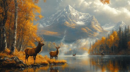 Majestic elk stand by an autumnal lake reflecting snow-capped mountains.