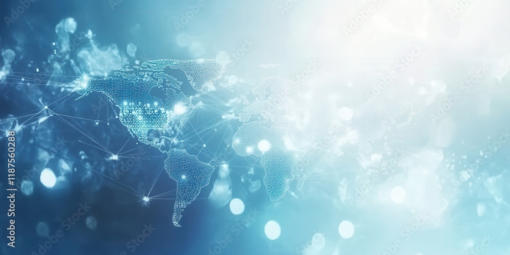 Wall mural light blue background with a digital world map and global network connections, representing the conc