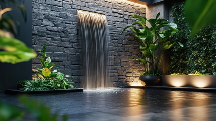 A beautifully designed indoor mini waterfall against a textured stone wall, with ambient lighting and indoor plants enhancing the cozy atmosphere.