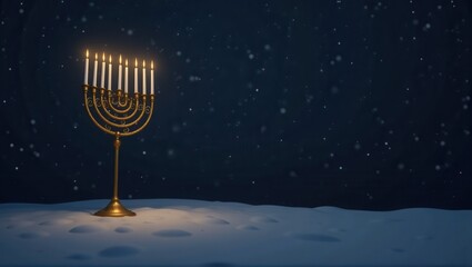 A glowing Hanukkah menorah stands on a snow-covered surface during a serene winter night, surrounded by softly falling snowflakes in a tranquil forest backdrop. Generative, AI,