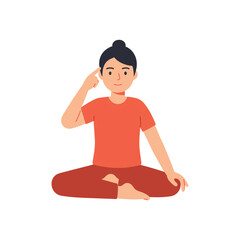 woman sits in a lotus position and touches her temple with her finger