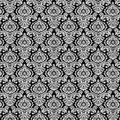 Classic black and white damask pattern with ornate baroque floral details. Perfect for wallpaper, fabric, backgrounds, and vintage decorative projects.