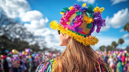 Naklejka premium Vibrant Carnival with Colorful Costumes and Headdresses in a Festive Street Parade A lively and joyous community event filled with music dance and a sense of cultural tradition and diversity