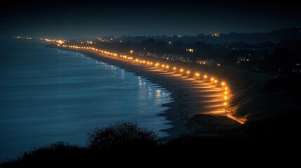 Coastal Night Scene with Illuminated Beach Path and City Lights in the Distance