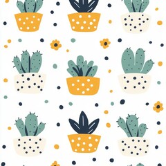 This design showcases a Mexican-themed seamless pattern with cacti, succulents, and lizards, showcasing a wilderness environment. It is a modern hand-drawn illustration in vintage style on an ivory