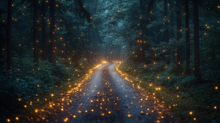 Enchanted Forest Path at Night with Glowing Fireflies