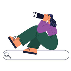 Web search. A woman looks through binoculars. A business metaphor for web search. The concept of SEO. A flat vector illustration isolated on a white background