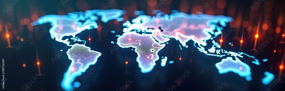 Poster Futuristic global network visualization. World map glows with connected nodes. Represents digital transformation, global data exchange. Abstract tech concept. No people. Glowing network lines connect