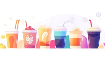 A vector illustration set of various coffee types: latte, cappuccino, espresso, macchiato, and iced coffee, each depicted in colorful flat design with clean lines and minimalist aesthetic.