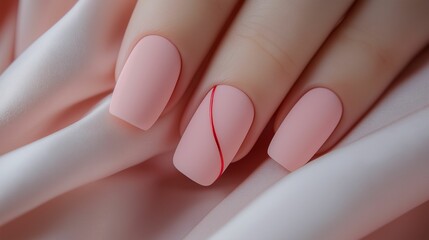 Matte pastel pink nails with a single thin red stripe