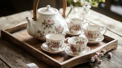 Fototapeta premium A high-resolution photo of a traditional porcelain tea set, featuring a teapot and matching cups with delicate floral patterns, arranged on a wooden tray