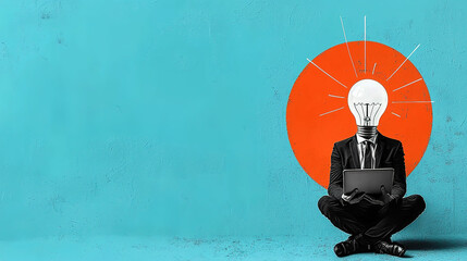 Contemporary artistic collage featuring a man in a business suit with a laptop and a lightbulb in place of his head, symbolizing creativity, innovation, and modern professional life.