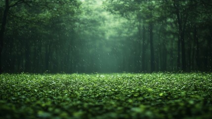 Fototapeta premium Emerald Rain, A tranquil forest scene bathed in soft rain with a vibrant green undergrowth glistening beneath the dark trees