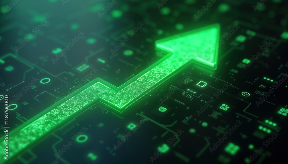 Poster Futuristic arrow points upward through glowing binary code matrix. Abstract digital tech concept. Represents progress, innovation. Glowing light, energy flow through digital circuit. Visualizes