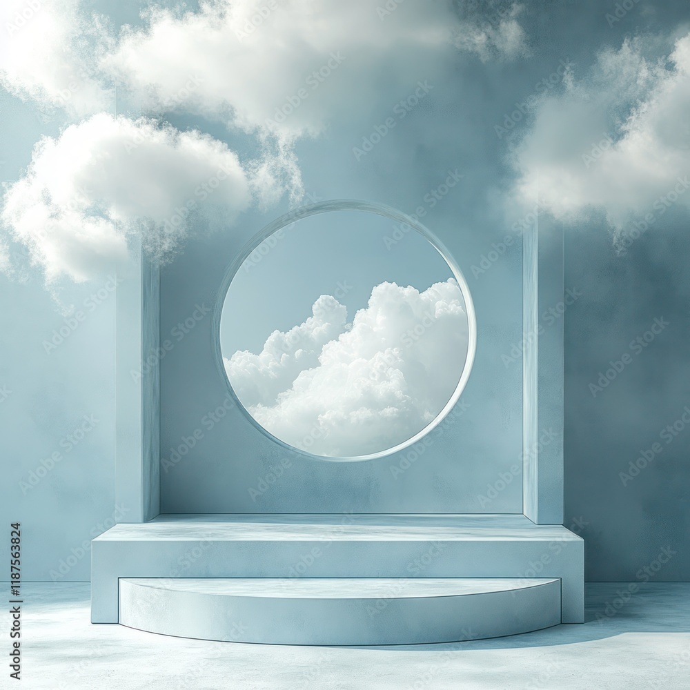 Poster minimalist exhibition podium with circular and rectangular shapes for product presentation
