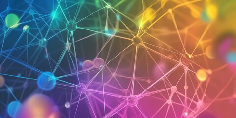 A modern abstract design featuring interconnected circles and lines, showcasing vibrant rainbow colors. The smooth, polished textures evoke a sense of futurism and creativity